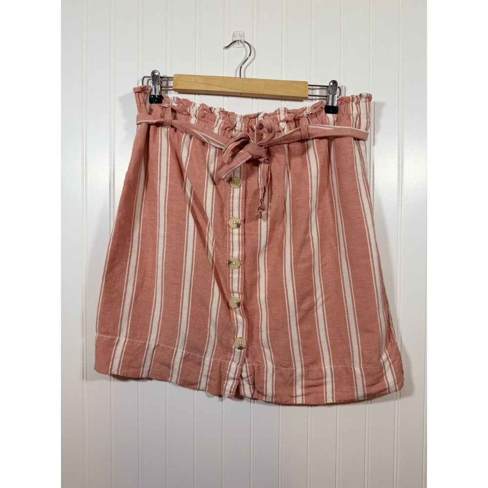 Loft Pink Stripe Linen Blend Button-front Paperbag Skirt Women’s Medium